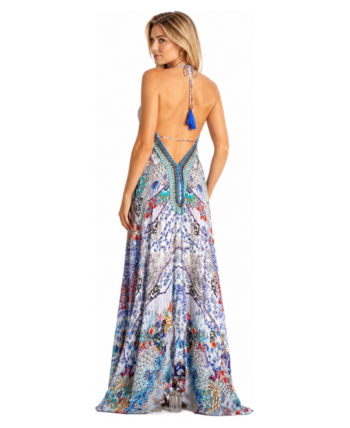 La Moda Clothing Women's Floral-and-Paisley Patchwork Plunge-Halter Open-Back Maxi Dress