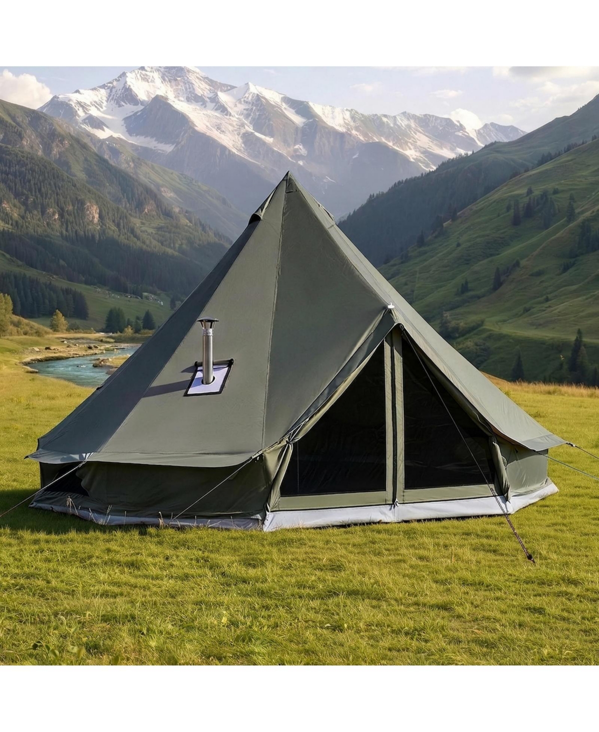 Hongge 4 Season Canvas Bell Tent 9.84 ft Yurt with Stove Jack and Zipped Detachable Floor for 2 to 3 Campers