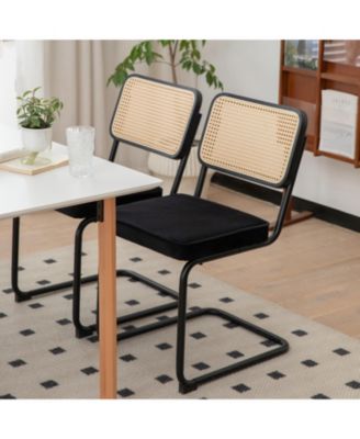 Set of 2 Velvet Rattan Cantilever Dining Chairs