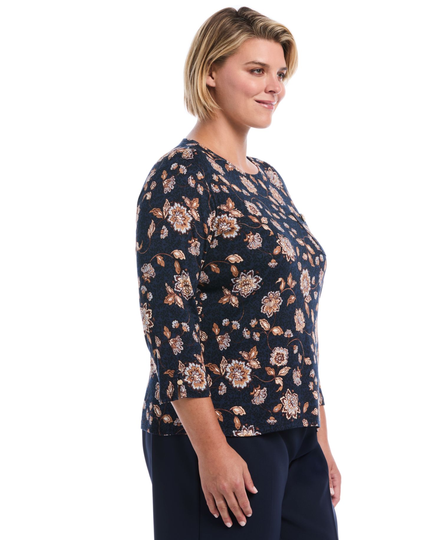 Plus Size Floral-Print 3/4-Sleeve Cotton Blouse
