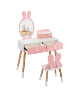 Kids Vanity Table and Chair Set with Storage Drawer and Rabbit Mirror