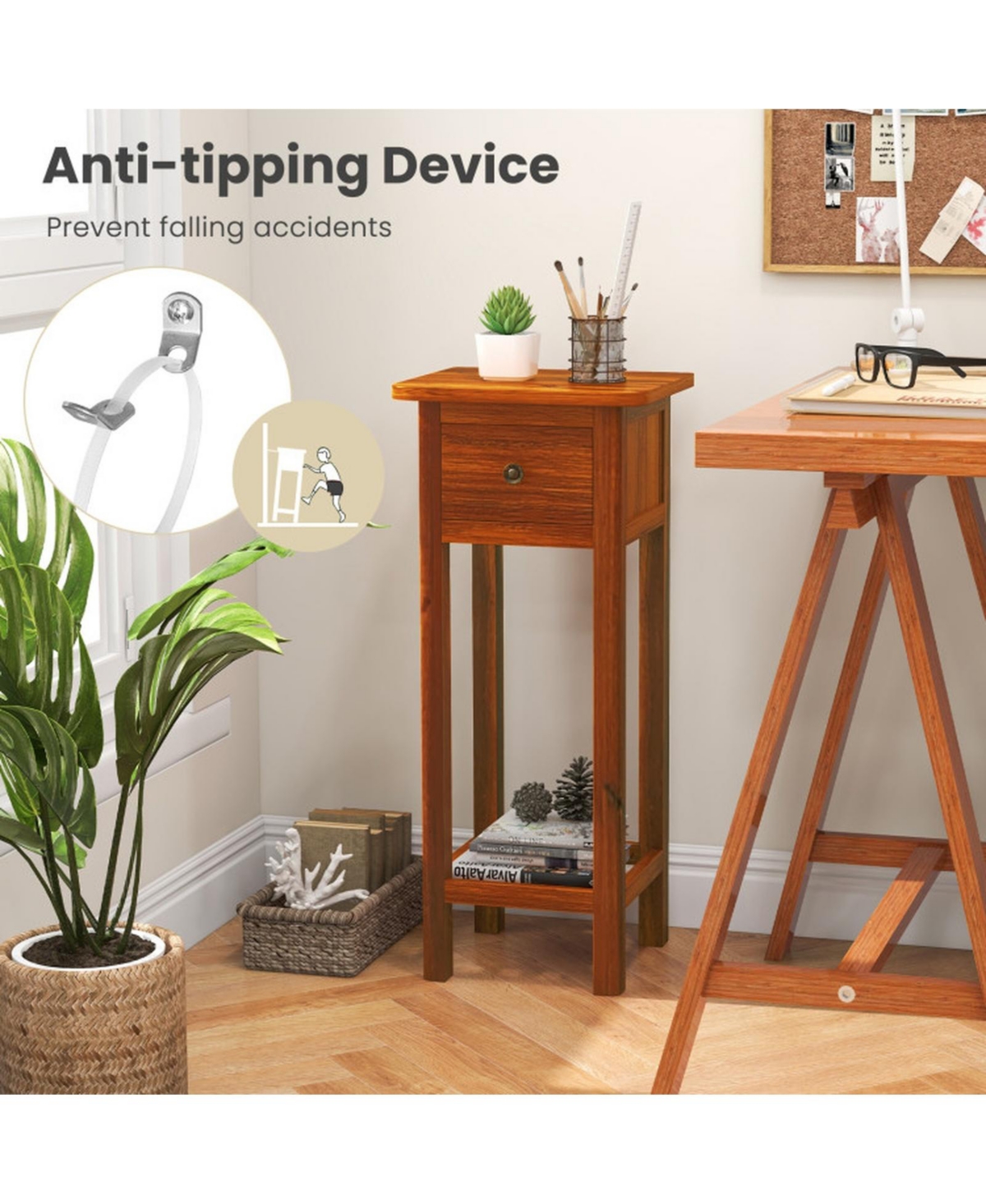 Gouun Slim 2-Tier Acacia Wood Nightstand Bedside Table with Drawer and Shelf