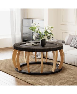 35.43" Vintage Rattan Round Coffee Table, Solid Wood Curved Leg Boho Table,   110lbs Capacity