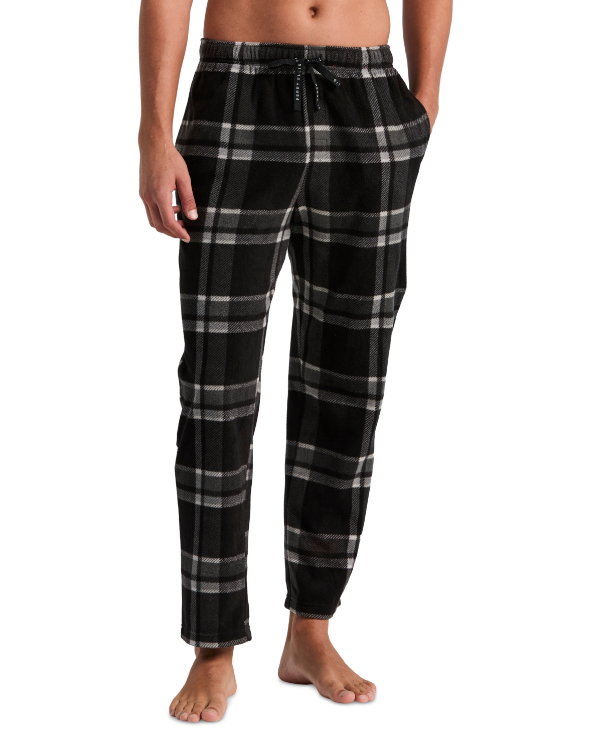 Perry Ellis Portfolio Men's Flannel Plaid Drawstring Waist Sleep Pants - Black Beauty