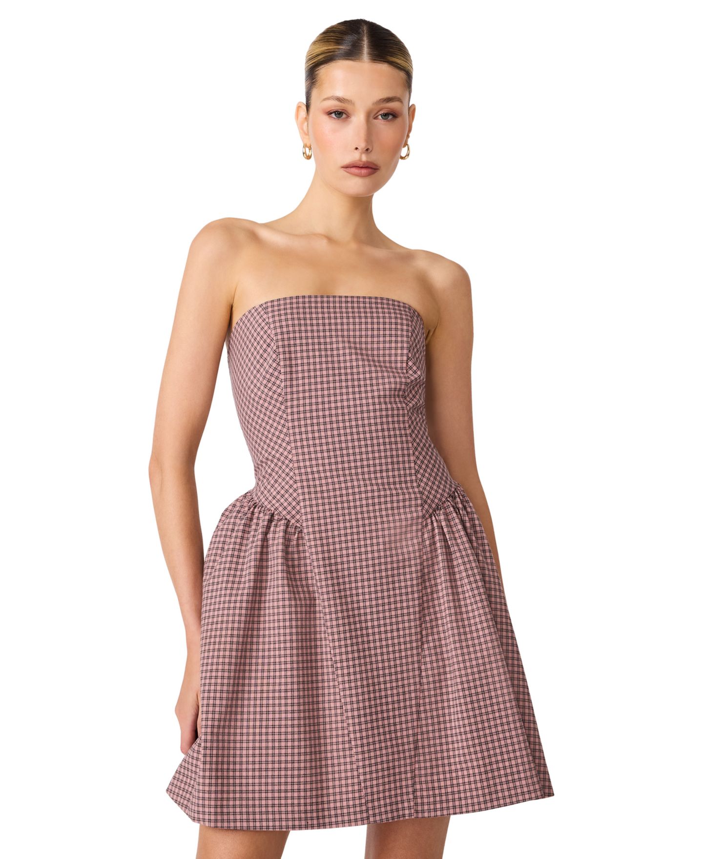Женское платье Steve Madden Paulinna Fit & Flare Plaid Strapless, цвет: Розовый / Чёрный — фото 1