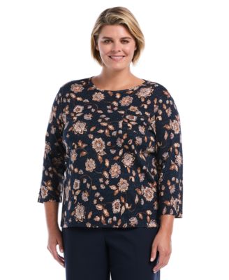 Plus Size Floral-Print 3/4-Sleeve Cotton Blouse