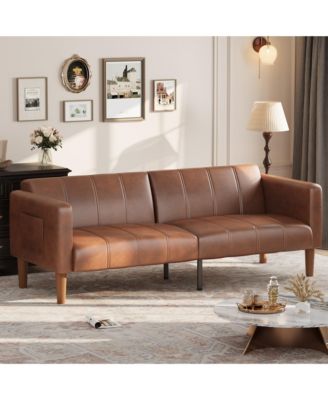 3-Mode Convertible Faux Leather Loveseat, Adjustable Backrest Futon Sofa Bed with Side Pockets, Mid-Century Furniture for Small Indoor Spaces