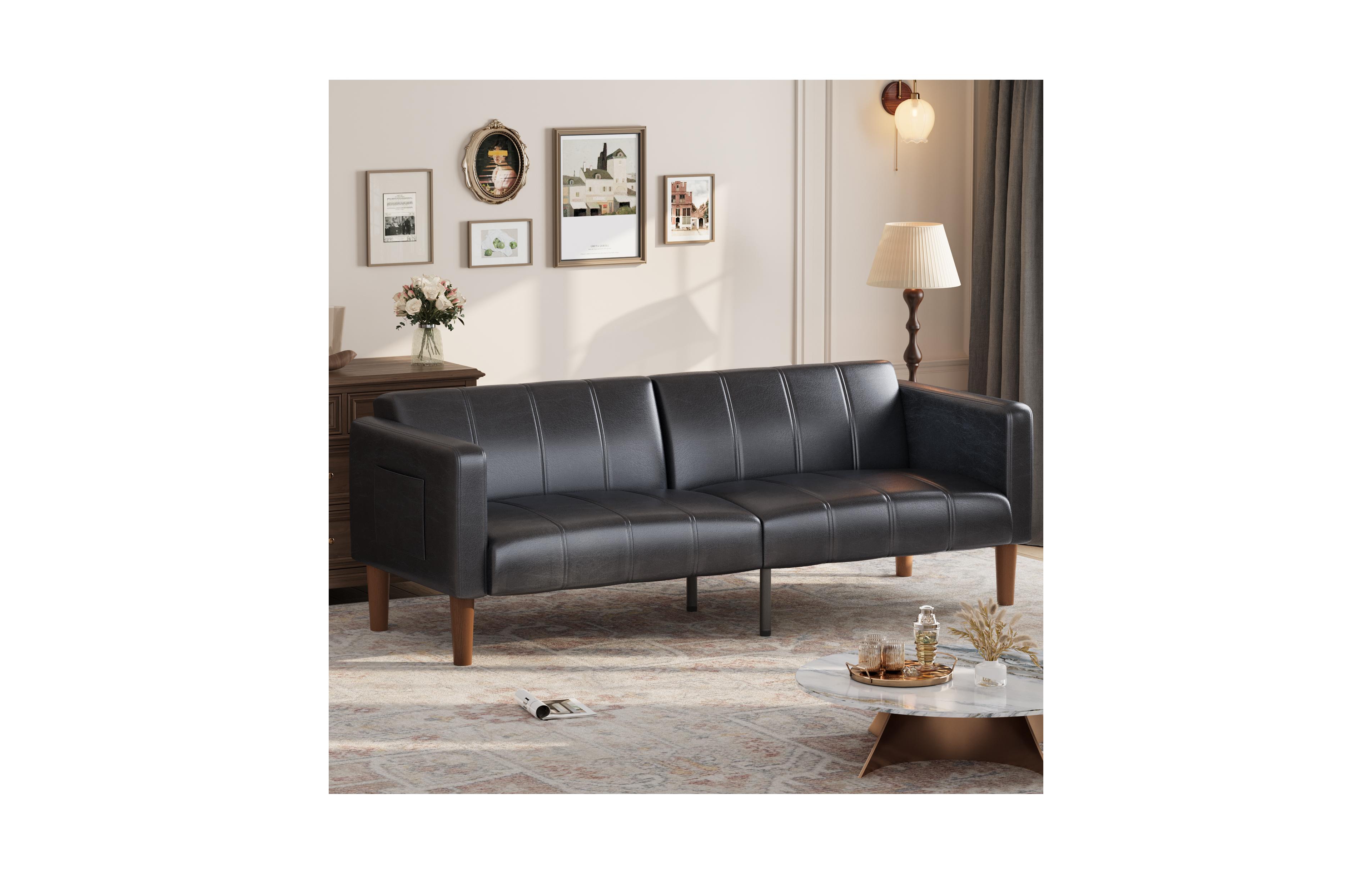 homfan 3-Mode Convertible Faux Leather Loveseat, Adjustable Backrest Futon Sofa Bed with Side Pockets, Mid-Century Furniture for Small Indoor Spaces