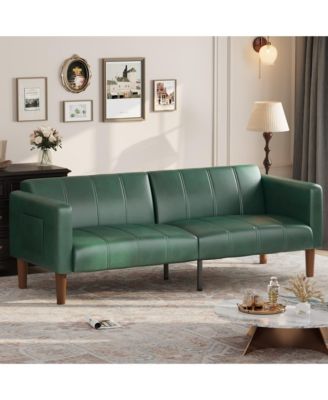 3-Mode Convertible Faux Leather Loveseat, Adjustable Backrest Futon Sofa Bed with Side Pockets, Mid-Century Furniture for Small Indoor Spaces