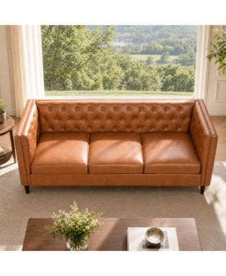 81'' Modern Leather Couch for Living Room, Mid Century Leather Sofa with Deep Seat, Handmade Button Tufted Sofa, Chesterfield 3 Seat Couch