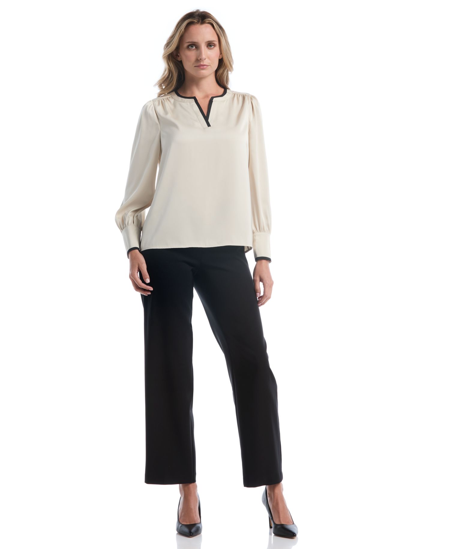Petite Long-Sleeve Split-Neck Satin Blouse
