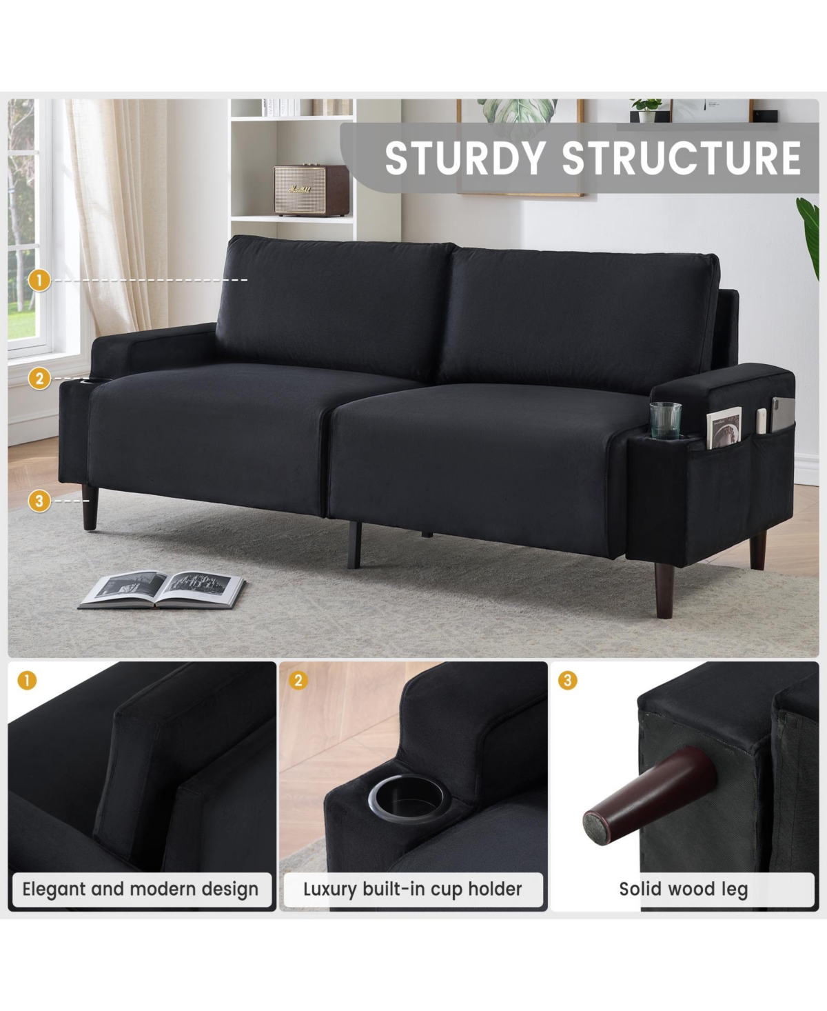 homfan 80.7'' Modern Fabric Recliner Sofa with Storage Bag and Cup Holders, Loveseat for Small Space, Dorm, Office, Bedroom, Apartment
