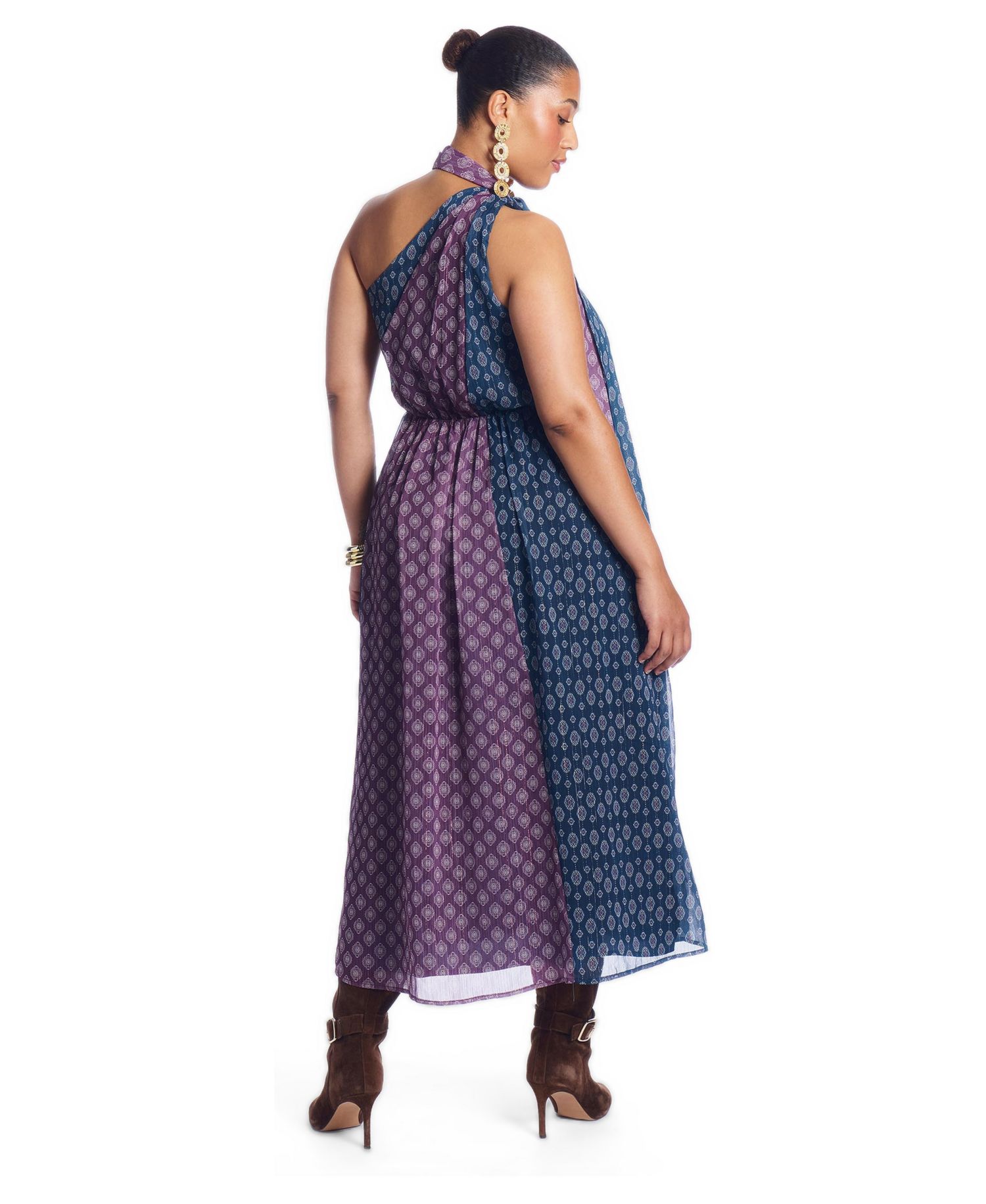 Plus Size One-Shoulder Chiffon Maxi Dress With Neck Tie