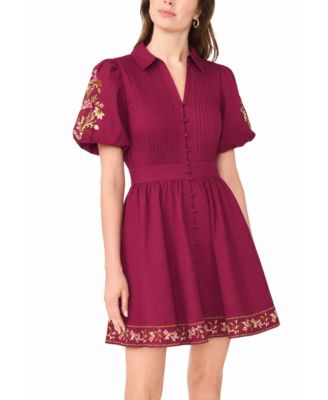 Women's Embroidered-Pintuck Puff-Sleeve Mini Dress