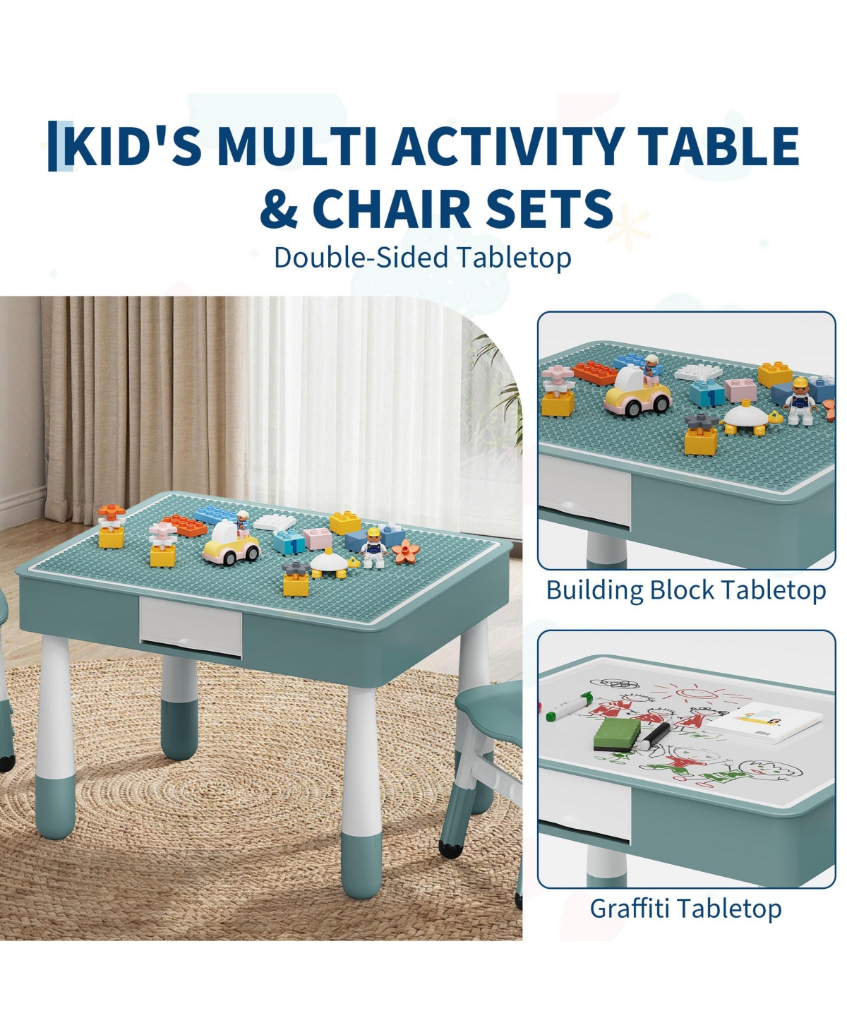 homfan 4-in-1 Activity Table and Chair Set, Double-Sided Tabletop Building Block Base Drawing Board, 2 Adjustable Chairs, Multi-Purpose Desk