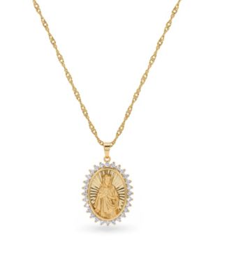 18k Gold-Plated Cubic Zirconia Halo and Diamond Cut Religious Medallion on Singapore Chain Necklace