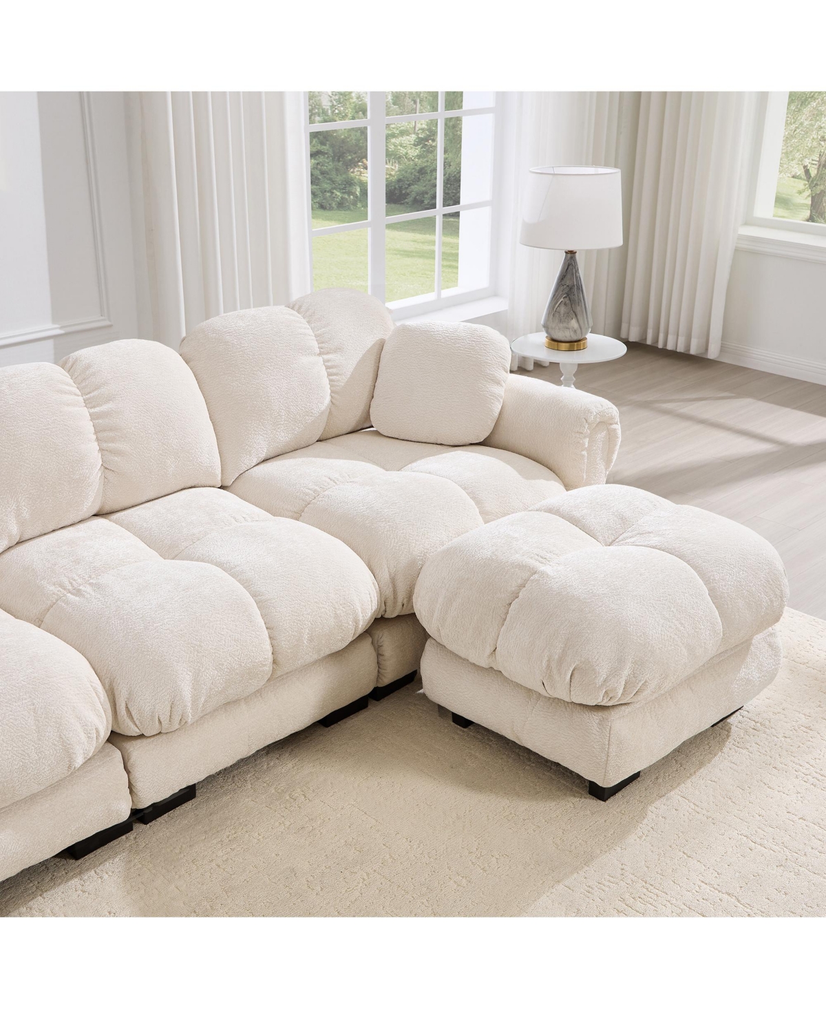 Boyel Living Chenille Cloud L-Shaped Loveseat Sofa Soft Padded Armrests Stylish Petal Design with Movable Ottoman