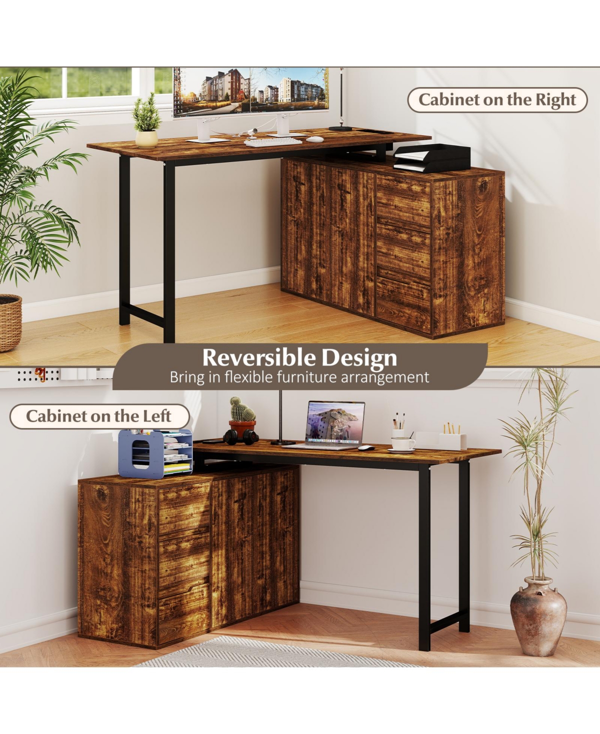 Costway 54.5" L-Shaped Computer Desk with File Cabinet, 3 Drawers and Charging Station