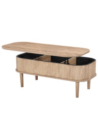 39.4 in Lift Top Oval Coffee Table with 3 Hidden Compartments Wooden Storage Table