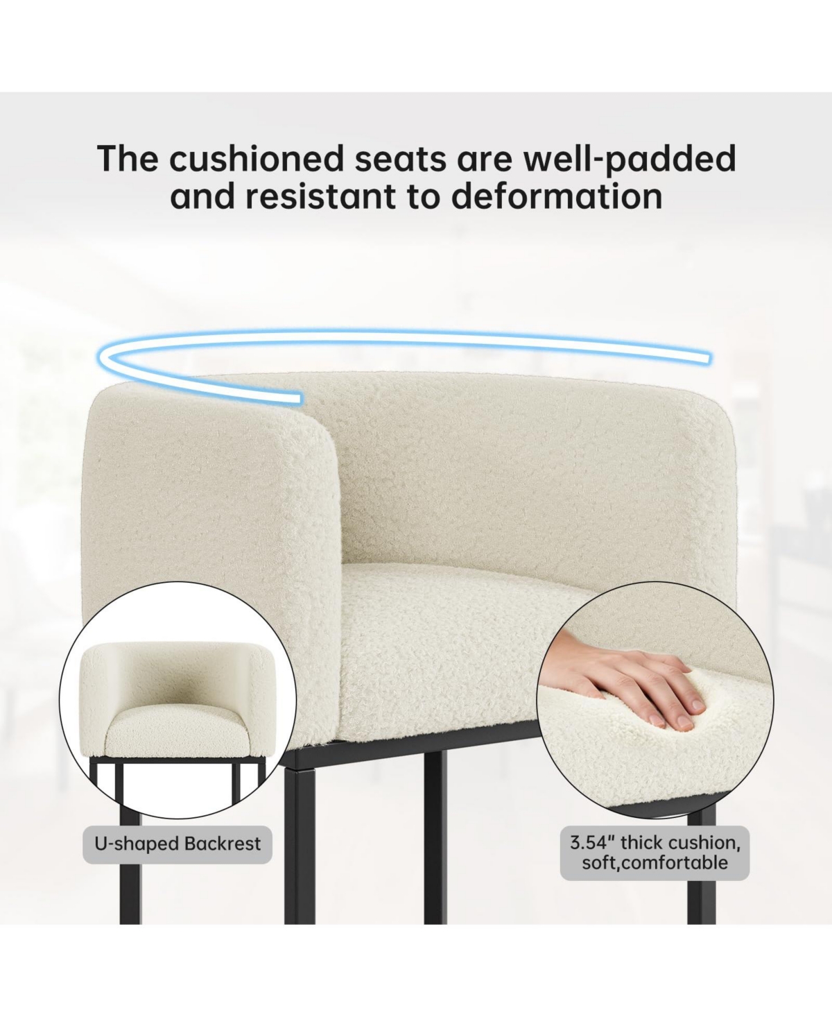 gaomon Modern Upholstered Counter Height Bar Stools Set of 2, Lambswool-Style Barrel Barstools with Back and Arms for Island