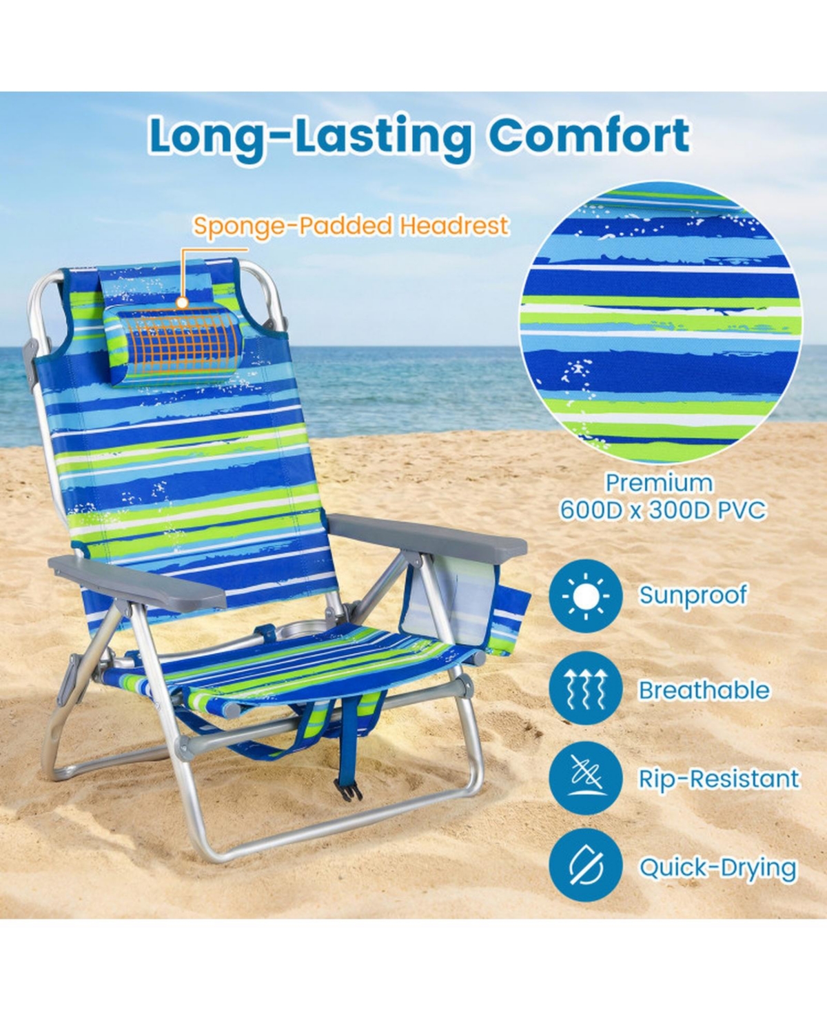 Gouun Set of 2 Portable Folding Backpack Beach Recliner Chairs with 5-Position Back