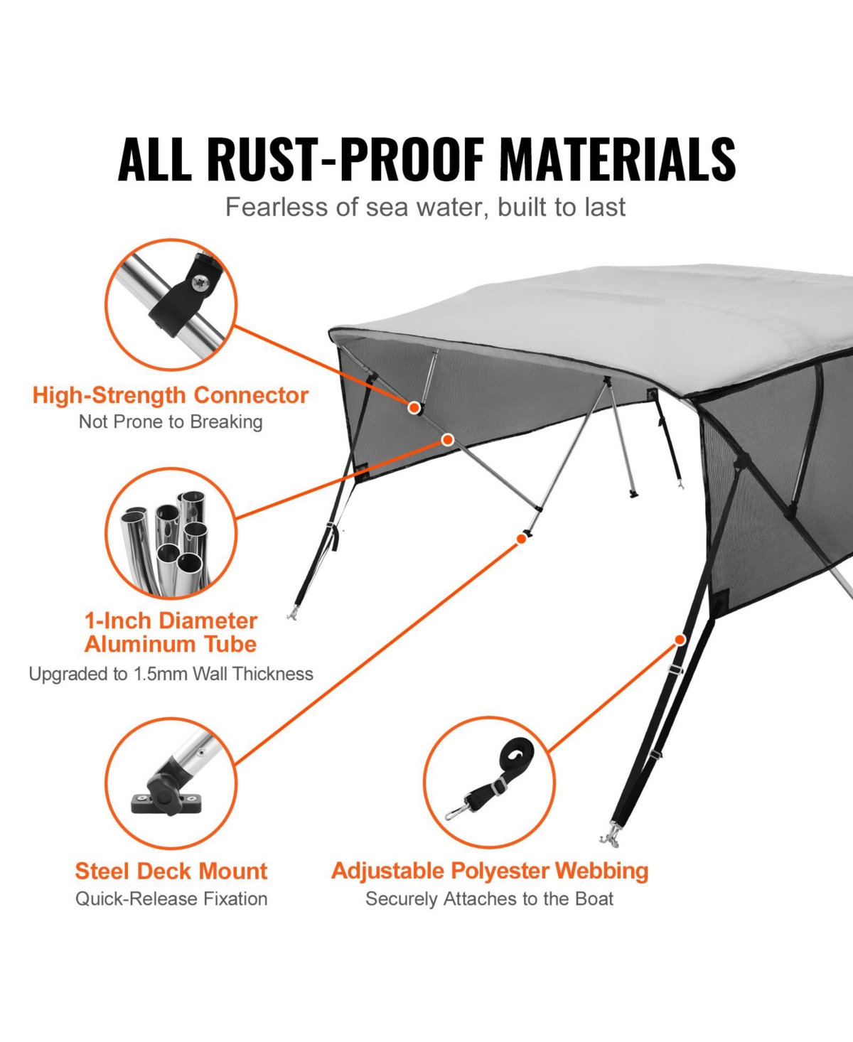 Sugift 4 Bow Bimini Top Boat Cover with Mesh Sidewalls 600D Polyester