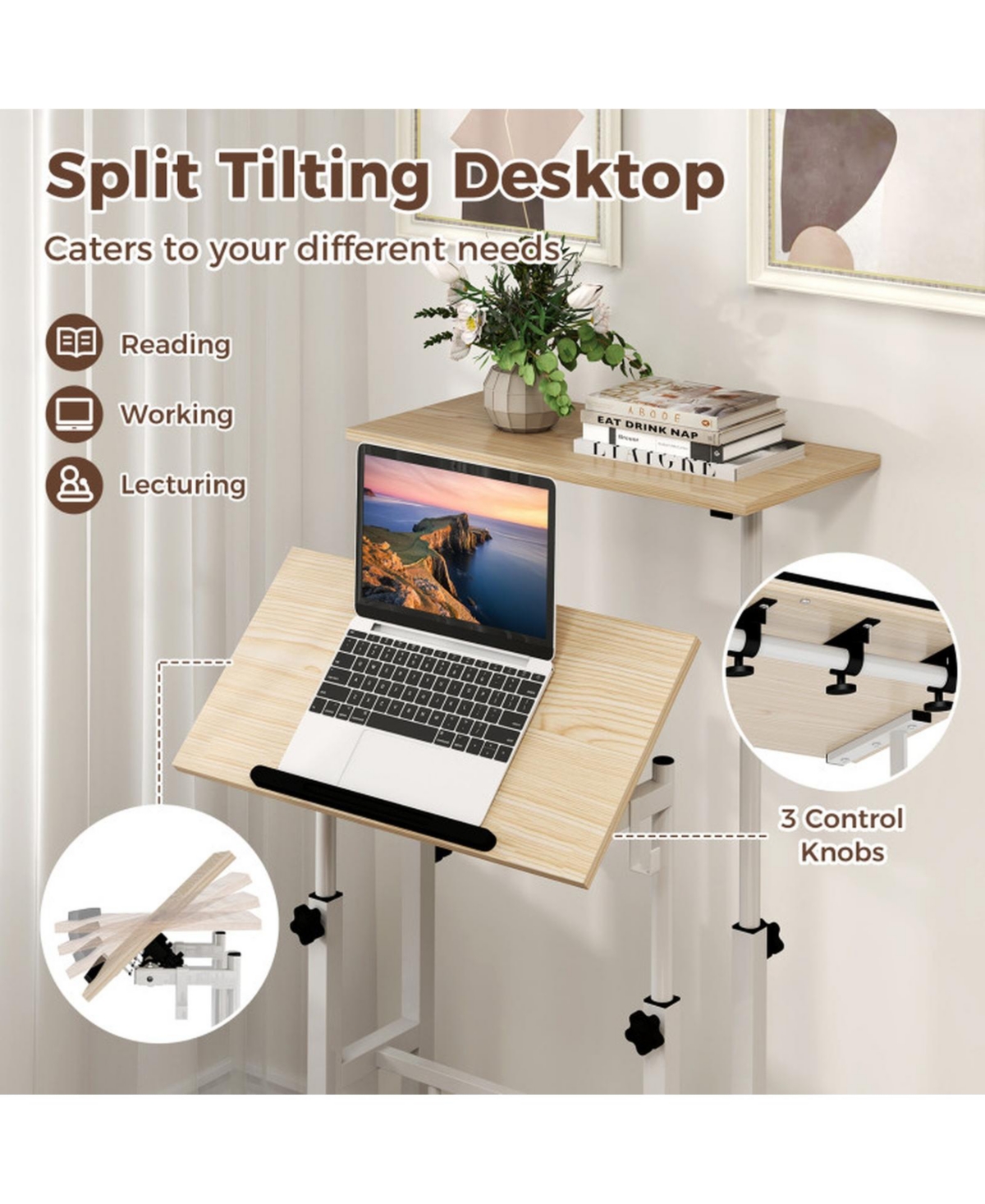 Gouun Mobile 2-Tier Standing Desk with Rolling Wheels and Adjustable Heights