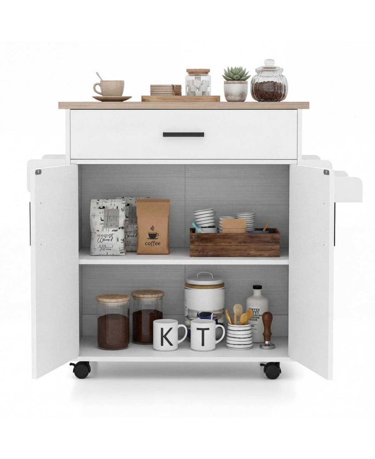 Sugift Rolling Kitchen Island Cart with Drawer and 2-Tier Cabinet - White