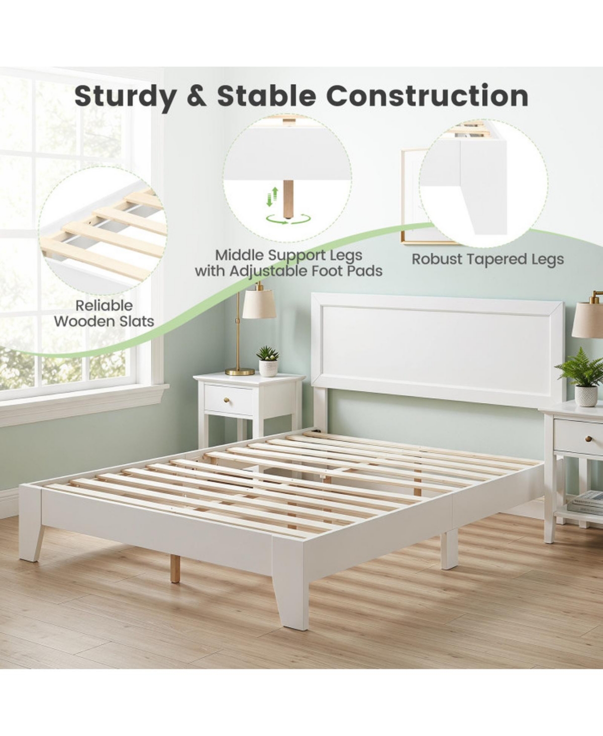 Sugift Queen Size Modern Wood Platform Bed with Panel Headboard