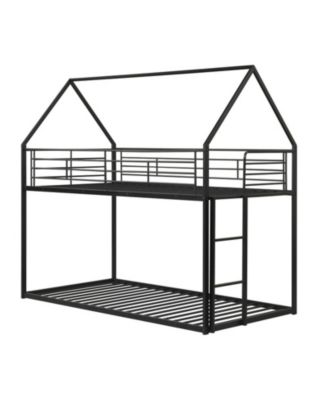 Twin Over Twin Metal Bunk Bed with Roof and Ladder
