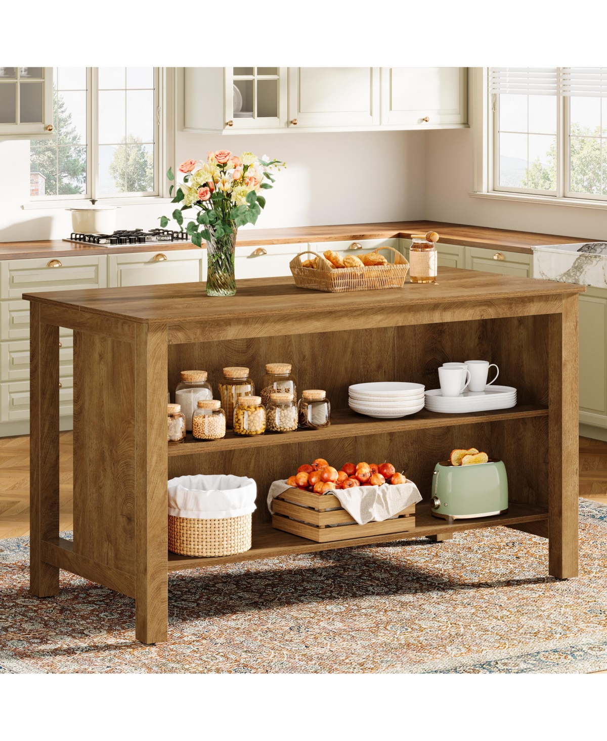 Tribesigns Kitchen Island with Storage, 59-Inch Large Farmhouse Stationary Table, Rustic Brown