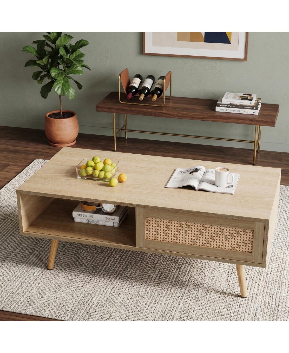 Flynama 41.34" Rattan Rectangular Coffee Table with Sliding Door