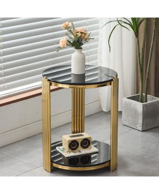 16.9" Double-Layer Tempered Glass and Gold Steel End Table