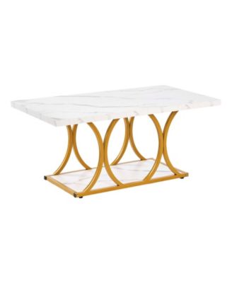 Modern 2-Tier Coffee Table with Faux Marble Top, Geometric Metal Frame for Home
