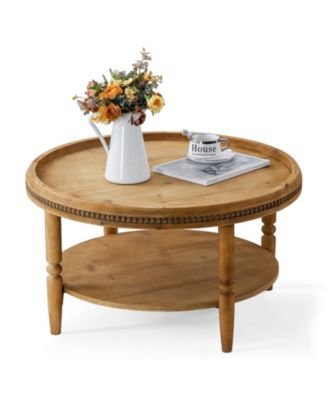 31.3" Round Boho 2-Tier Coffee Table, Beaded Trim and Curved Solid Wood Legs, Rustic Accent Table