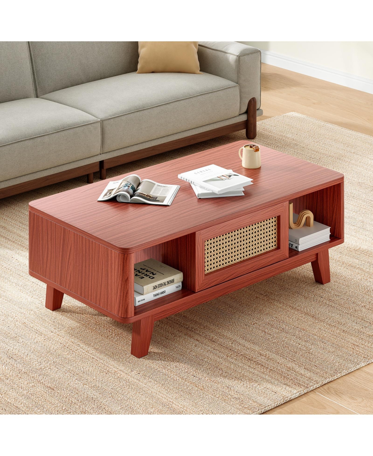 Flynama Mid Century Coffee Table Rattan Drawer Solid Wood Leg Storage Table