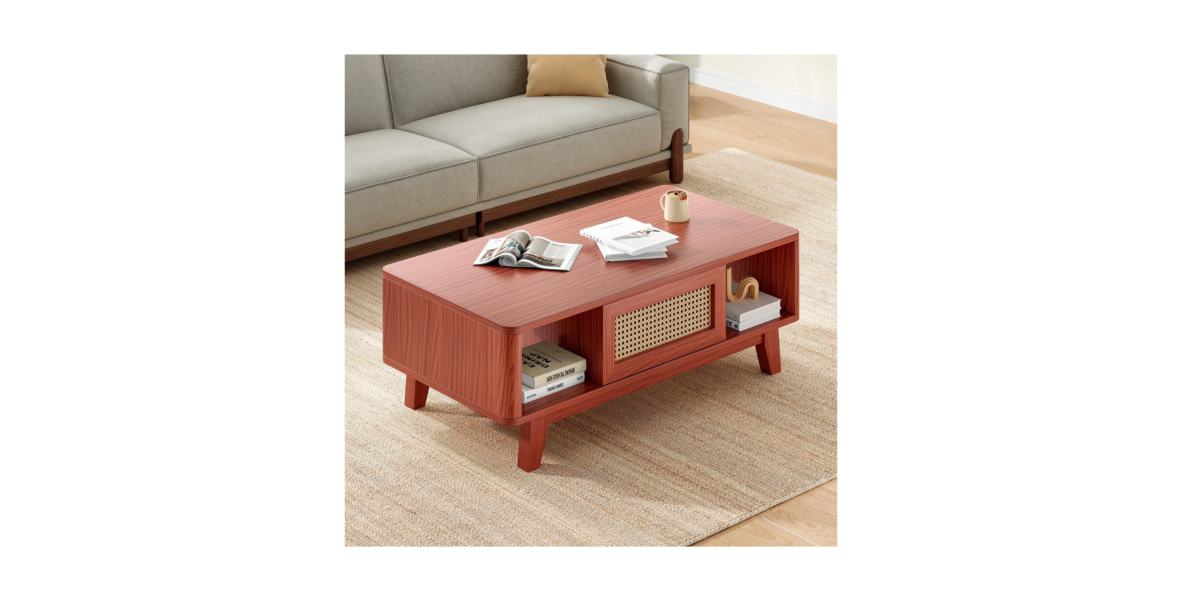 Flynama Mid Century Coffee Table Rattan Drawer Solid Wood Leg Storage Table
