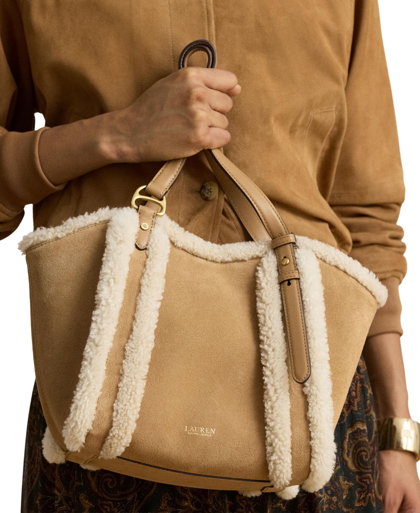 Женская сумка Lauren Ralph Lauren Tasha Suede Shearling Trim Small, цвет: Верблюжий / Натуральный — фото 2