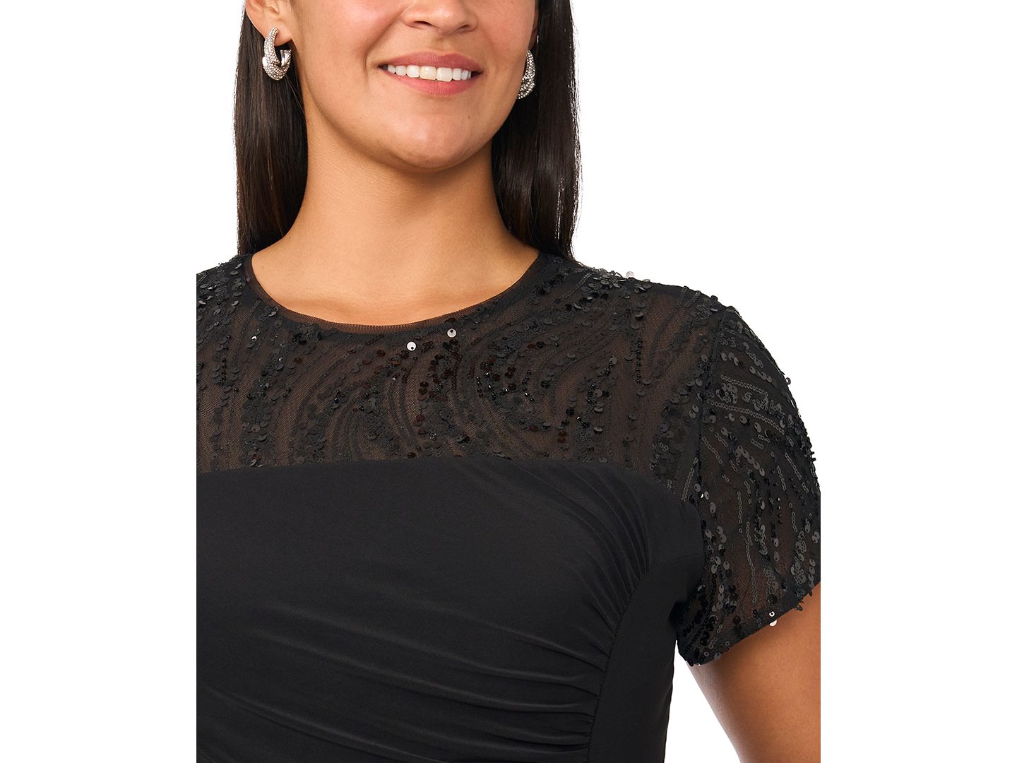 Женские платья MSK Plus Size Beaded Mesh Side Ruched Short-Sleeve Gown, цвет: Насыщенный чёрный — фото 4