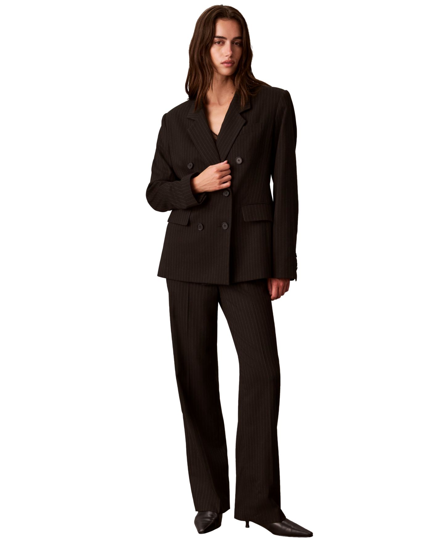 Женский пиджак Calvin Klein Double-Breasted Pinstripe Notch Collar Blazer, цвет: Чёрный / Седельно-коричневый — фото 8