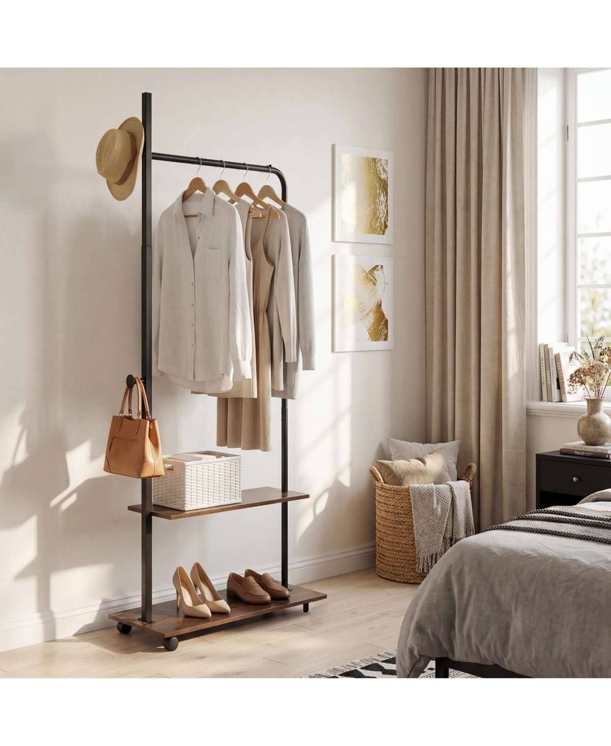 Costway Clothing Rack with Wheels, Wooden Garment Rack with Hanging Rod