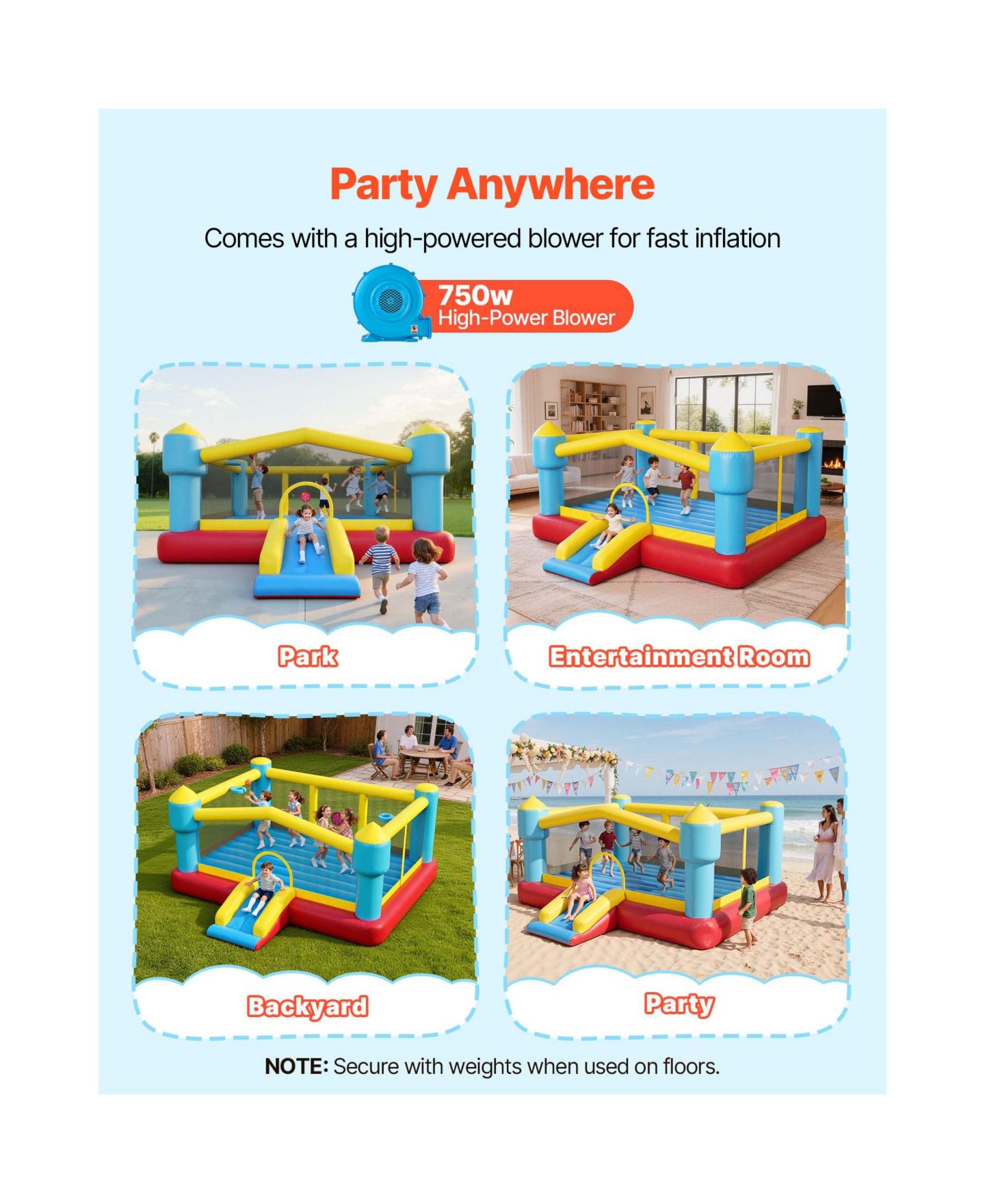 Детская игрушка SUGIFT Inflatable Bounce House, 14.7 x 13.8 x 6.8 feet, Oxford Cloth, With Slide and Hoop Target, Ages 3-8, цвет: Синий — фото 4