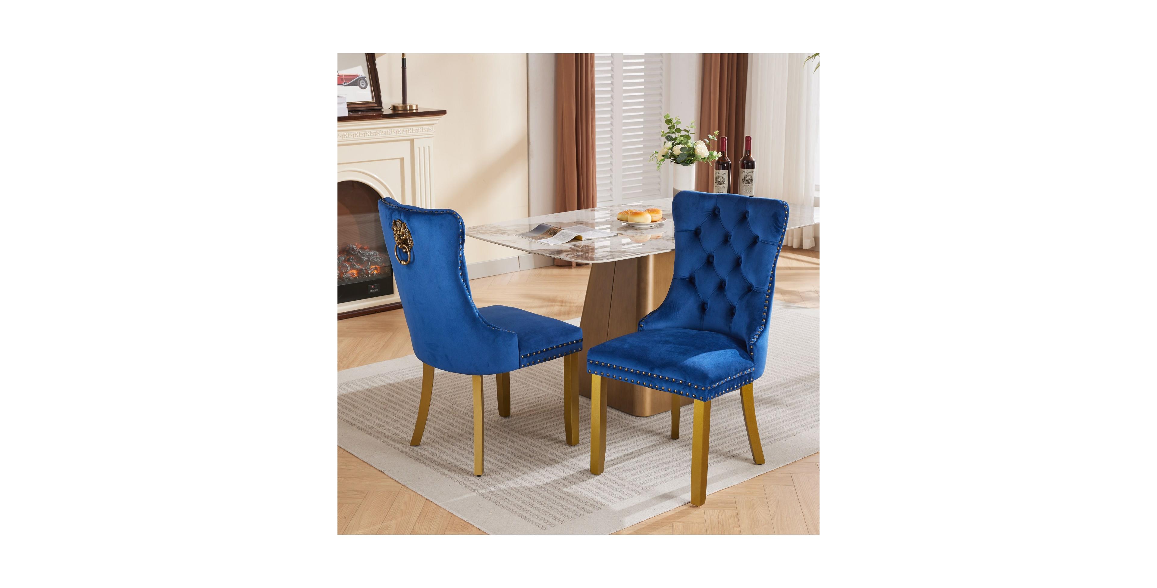 Flynama Mid-Century Modern Velvet Set of 2 with Lion Head Pull Ring, Tufted Upholstered Dining Chairs