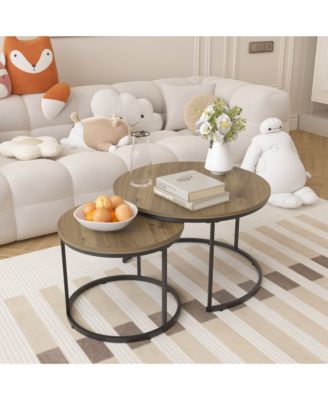 27.6" Nesting Coffee Table Set of 2 MDF Marble Top Metal Frame Side Tables