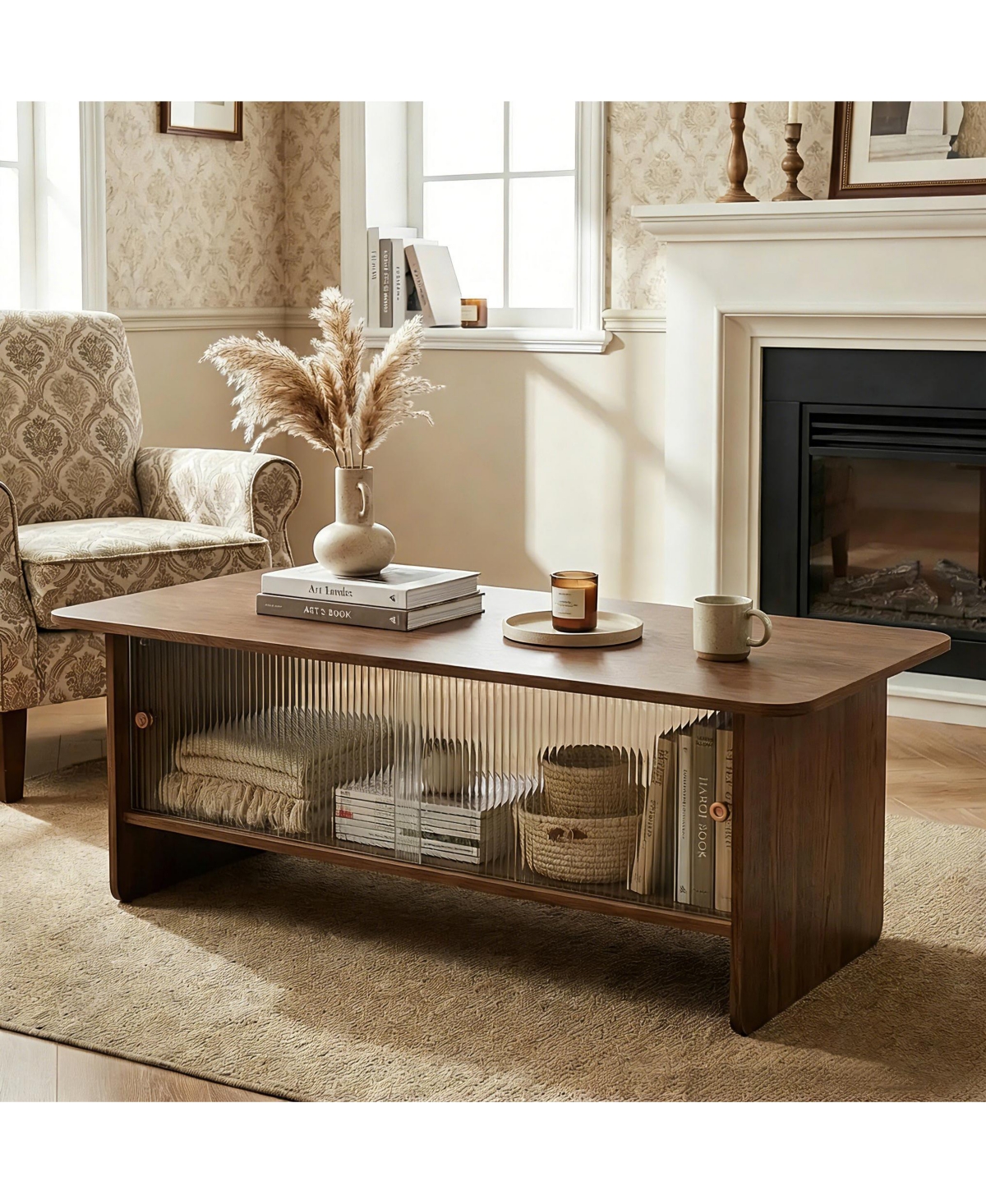 Flynama 47" Rectangular Coffee Table with Fluted Glass Doors