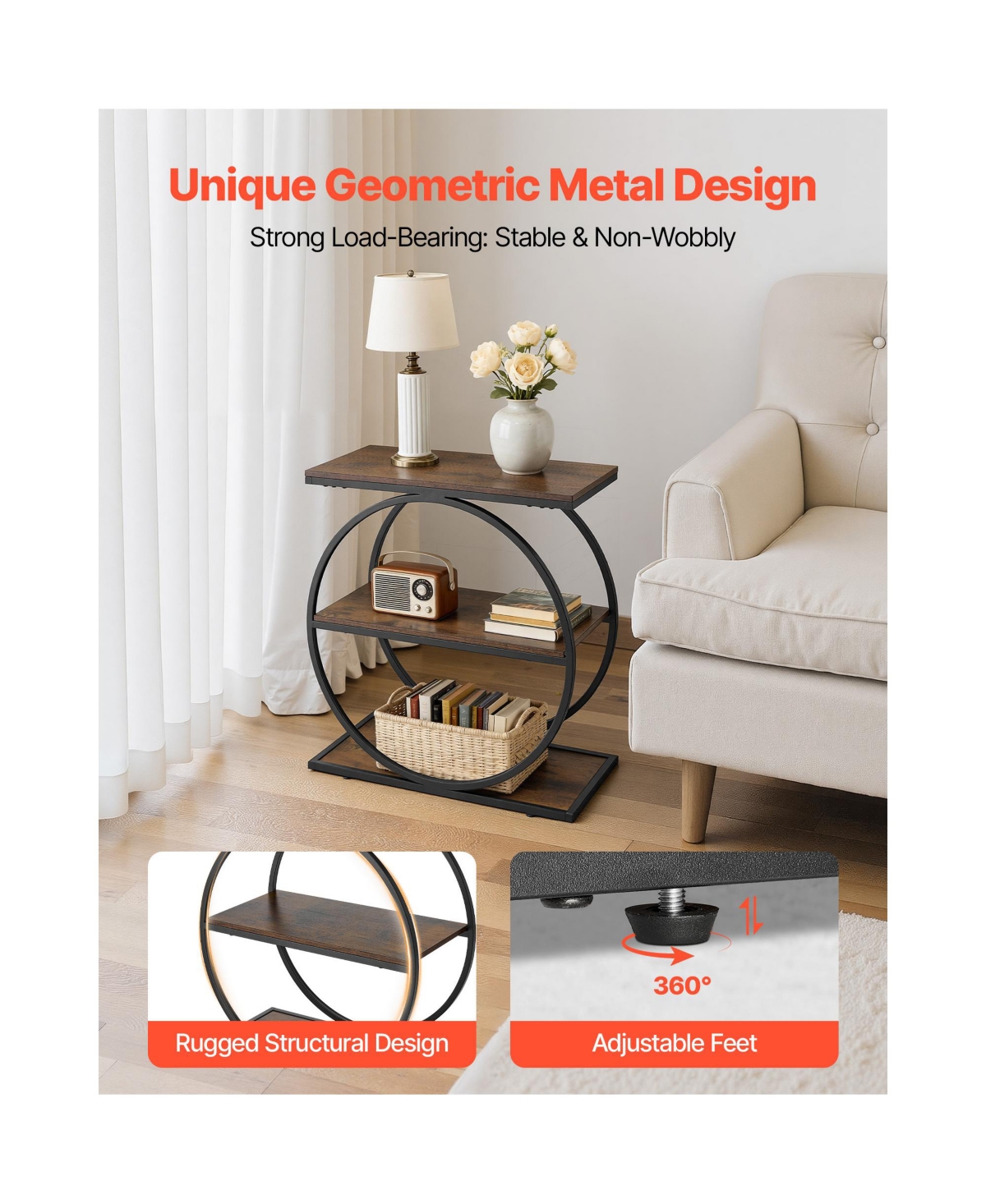 Sugift 3-Tier Narrow End Table with Open Storage Shelves Round Metal Frame Wood Nightstand Desk