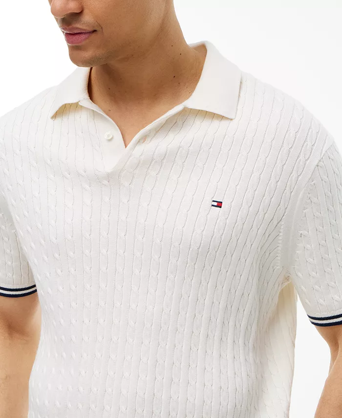 Men's Cable Knitted Short-Sleeve Sweater Polo Shirt - thumbnail 3