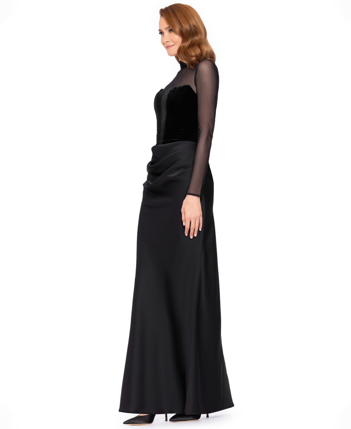 Женские платья Betsy & Adam Short Scuba Crepe With Drape Back Velvet Long-Sleeve Mesh Gown, цвет: Чёрный — фото 2
