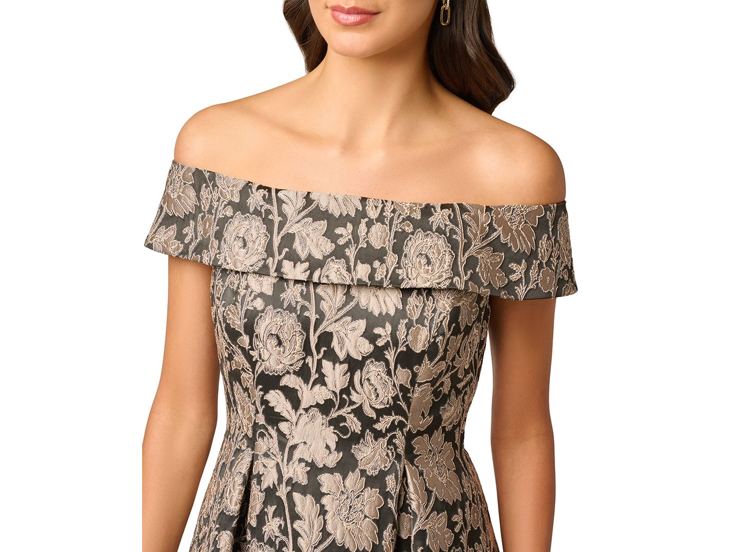 Женское платье Adrianna Papell Off-the-Shoulder Floral-Print Jacquard Midi, цвет: Чёрный / Серо-коричневый — фото 3