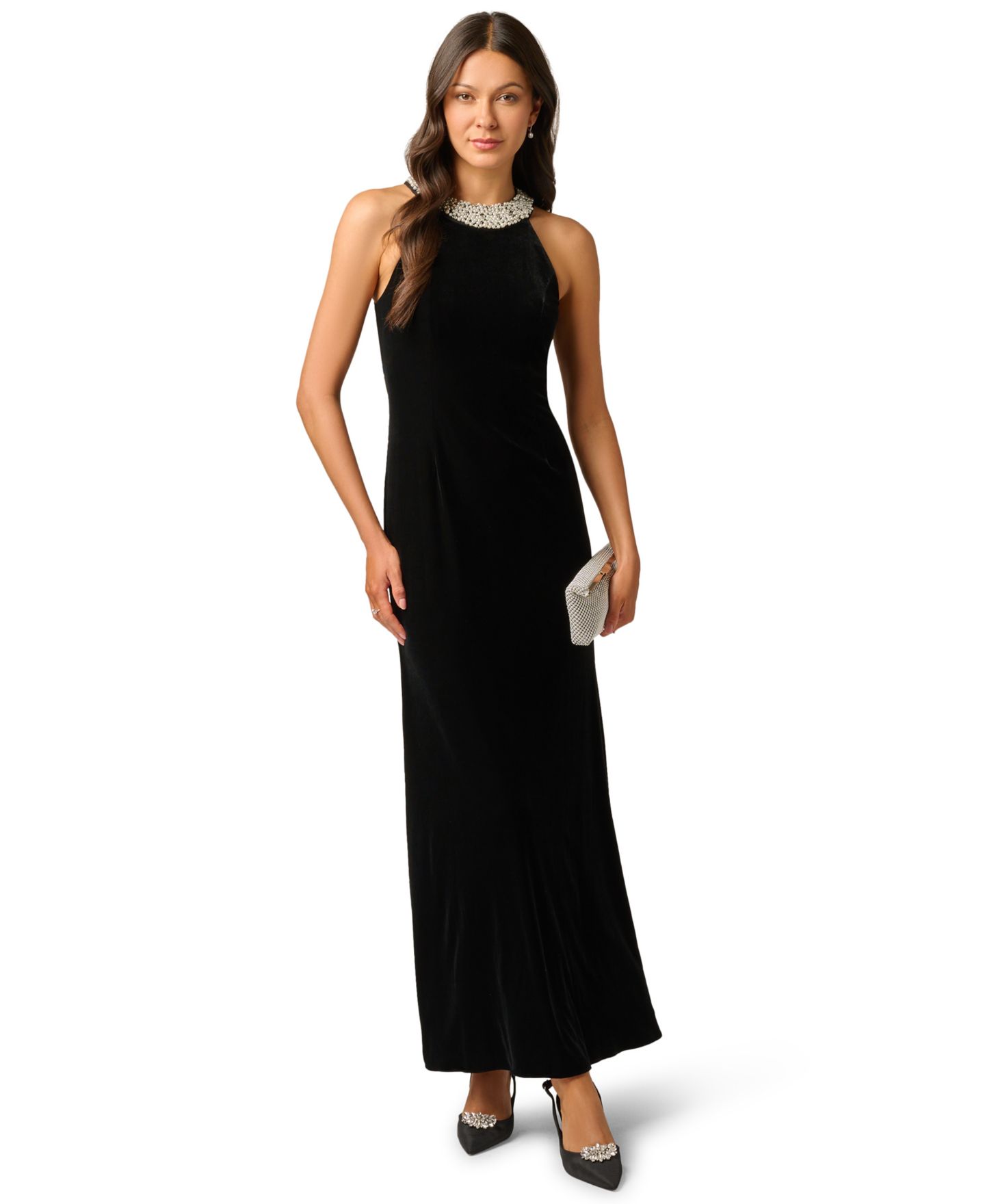 Женские платья Adrianna Papell Imitation Pearl Collar Velvet Halter Gown, цвет: Чёрный — фото 2
